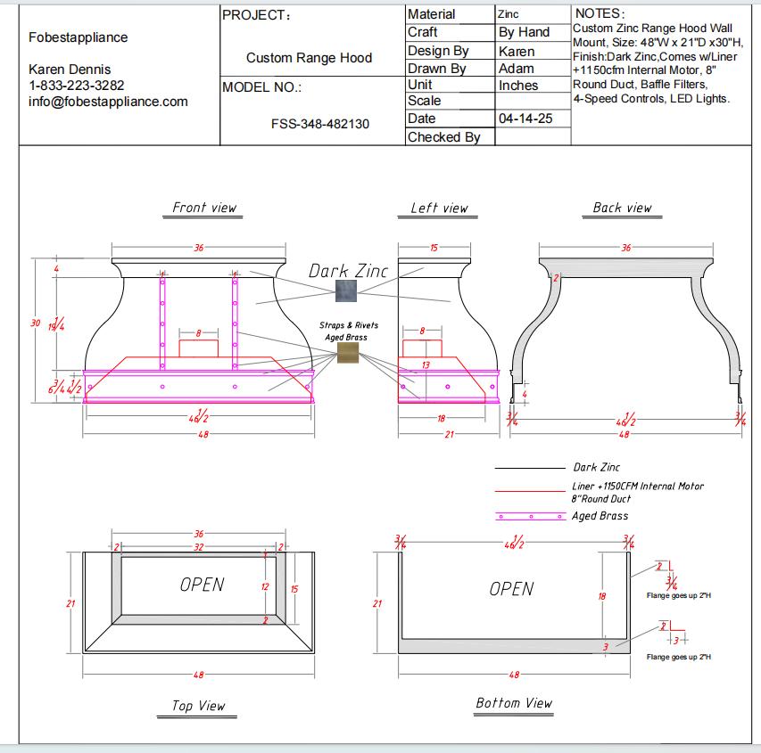 Fobest Custom Zinc Range Hood - Custom Link for Andra Purkalitis