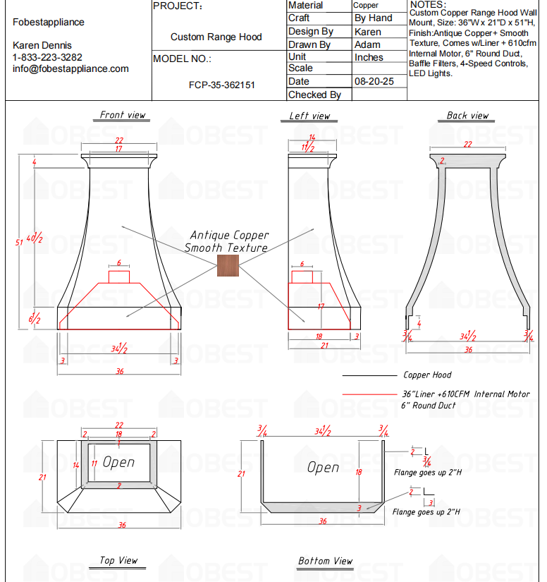 Fobest Custom Metal Range Hood - Custom Link for Tyler