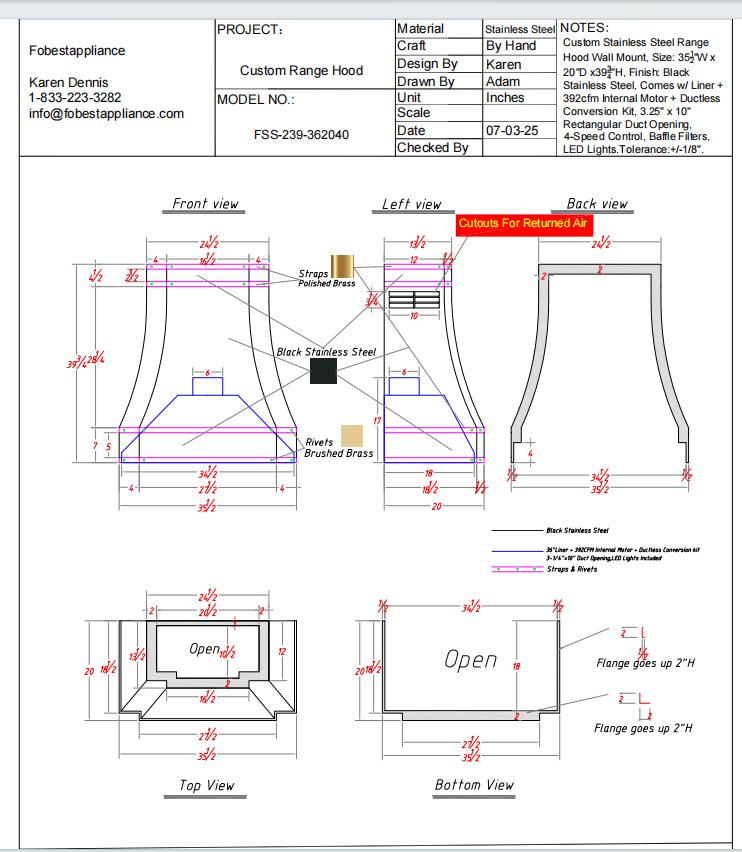 Fobest Custom Range Hood - Custom Link for Spiro Alexander