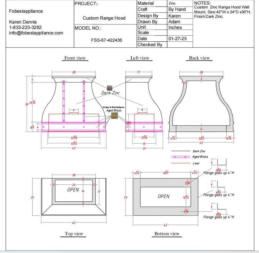 Fobest Custom Zinc Range Hood - Custom Link for Daniel Murray