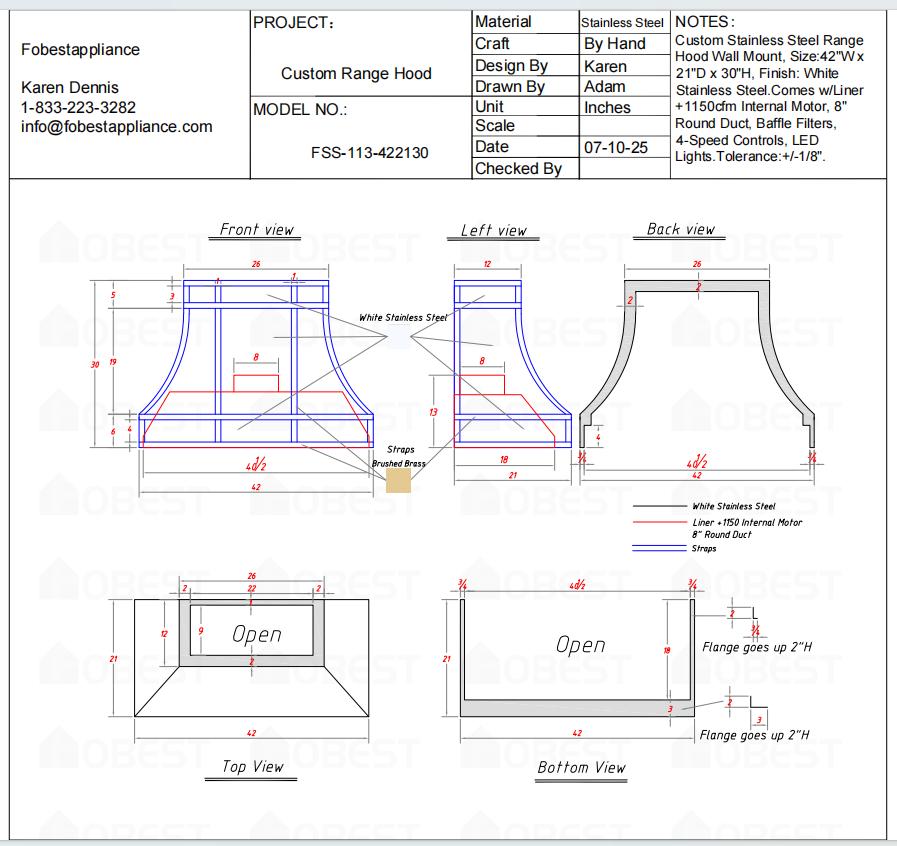 Fobest Custom Range Hood -50% Deposit Custom Link for Christina Loughran