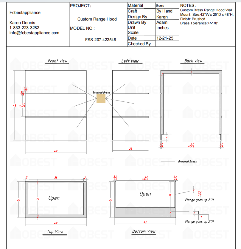 Fobest Custom Metal Range Hood FSS-207 Custom Link for Anant
