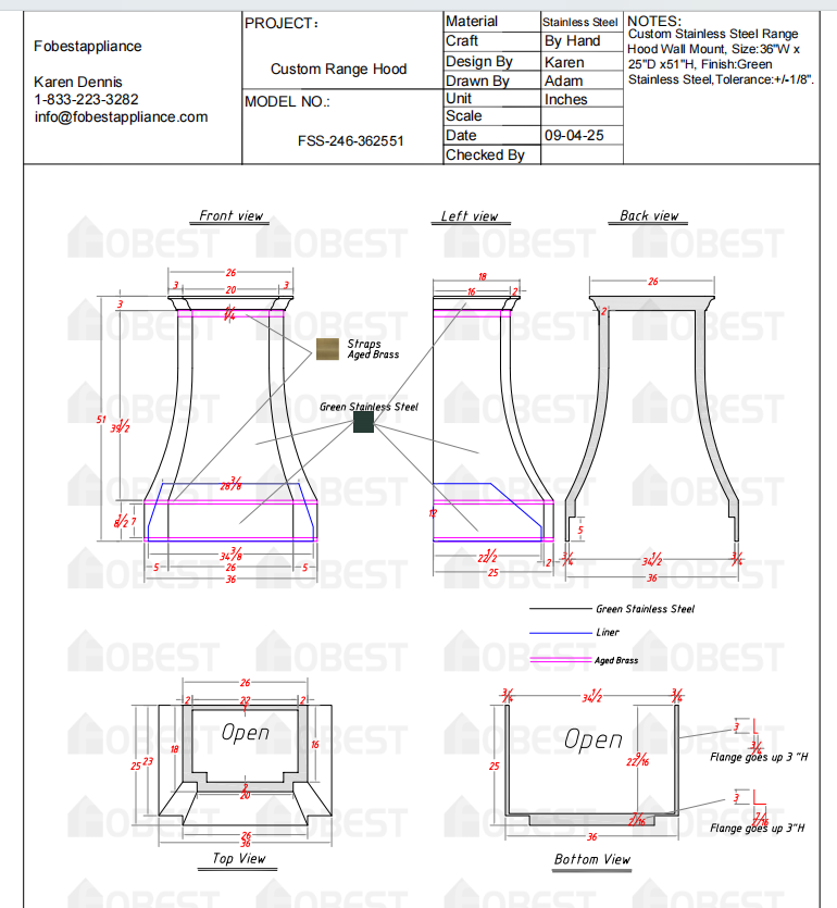 Fobest Custom Kitchen Range Hood - Custom Link for Madalyn