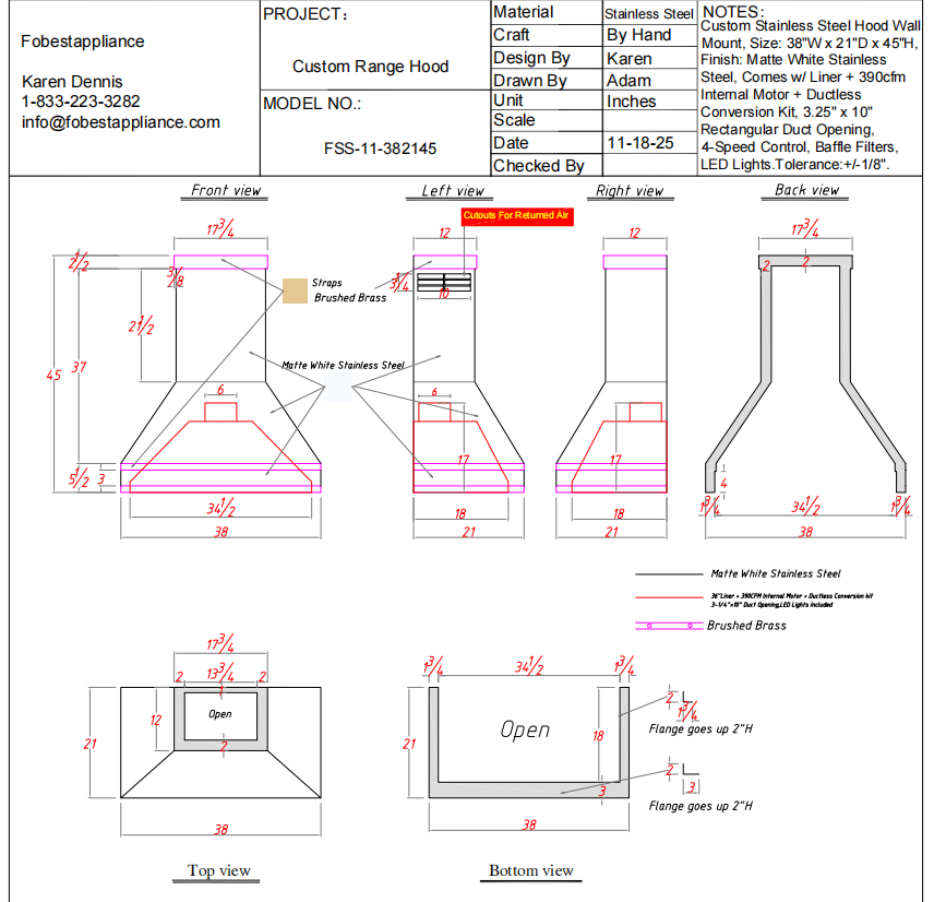 Fobest Custom Metal Range Hood FSS-11 Custom Link for Greg Bowles