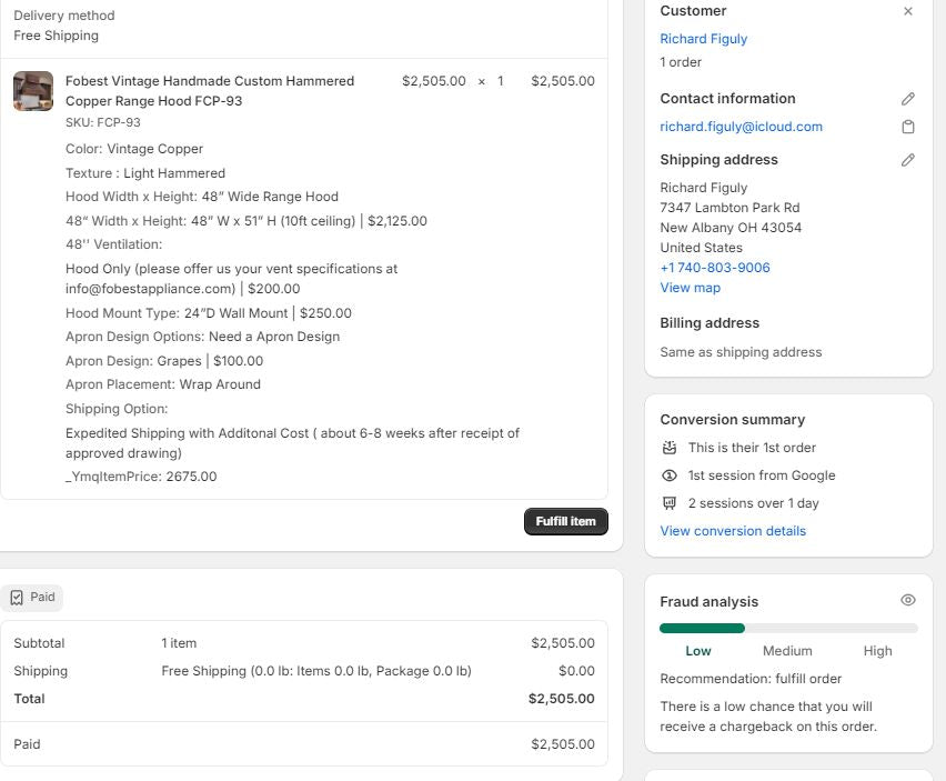 Fobest FCP-93 Copper Range Hood-FA1362- custom link for Richard Figuly - -Fobest Appliance