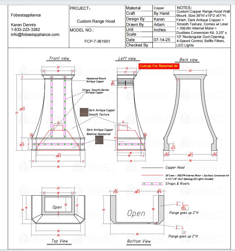 Fobest Custom Range Hood - Custom Link for JoAnn Rhodes