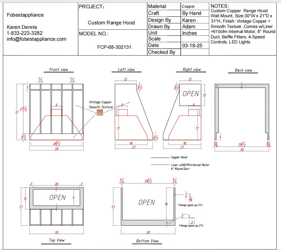Fobest Custom Copper Range Hood -Custom Link for Samantha