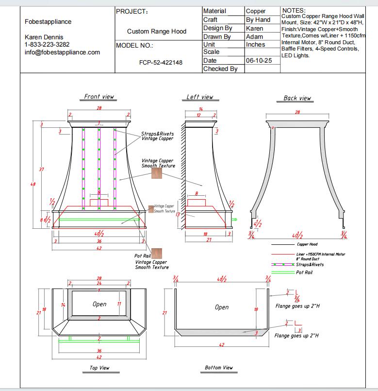 Fobest Custom Range Hood - Custom Link for FCP-52-Hope