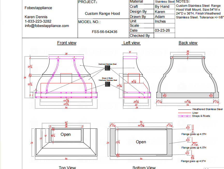 Fobest Custom Range Hood-FSS-56 Custom Link for Johncee Cochran