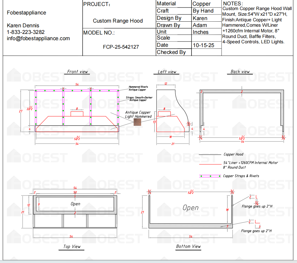 Fobest Custom Metal Range Hood FCP-25 - 50% Deposit Custom Link for Taylor