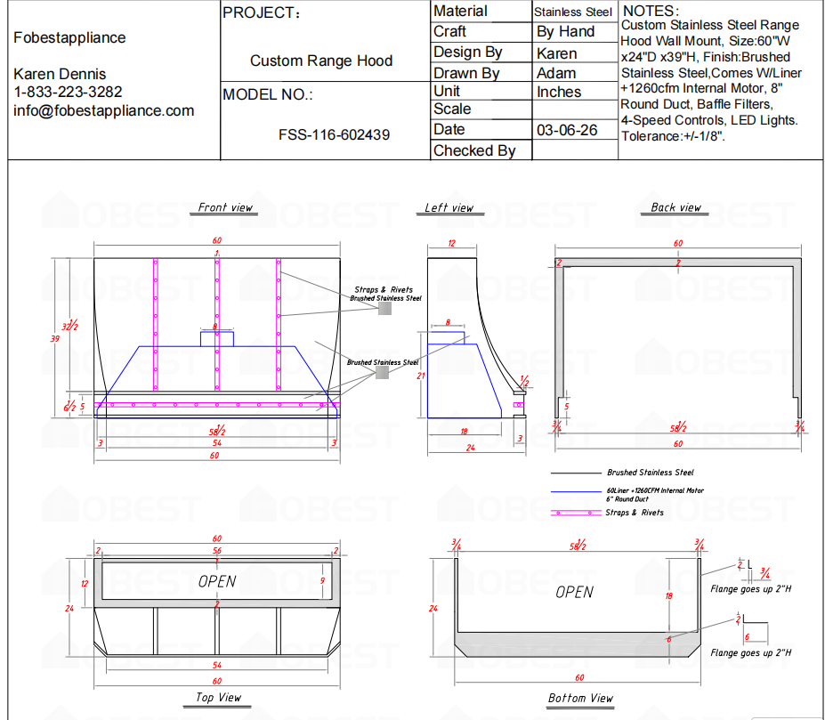 Fobest Custom Range Hood FSS-116 Custom Link for John