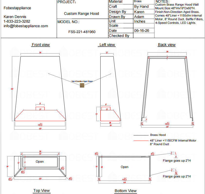FOBEST Custom FSS-221 Range Hood – Custom Order Link for Lauren