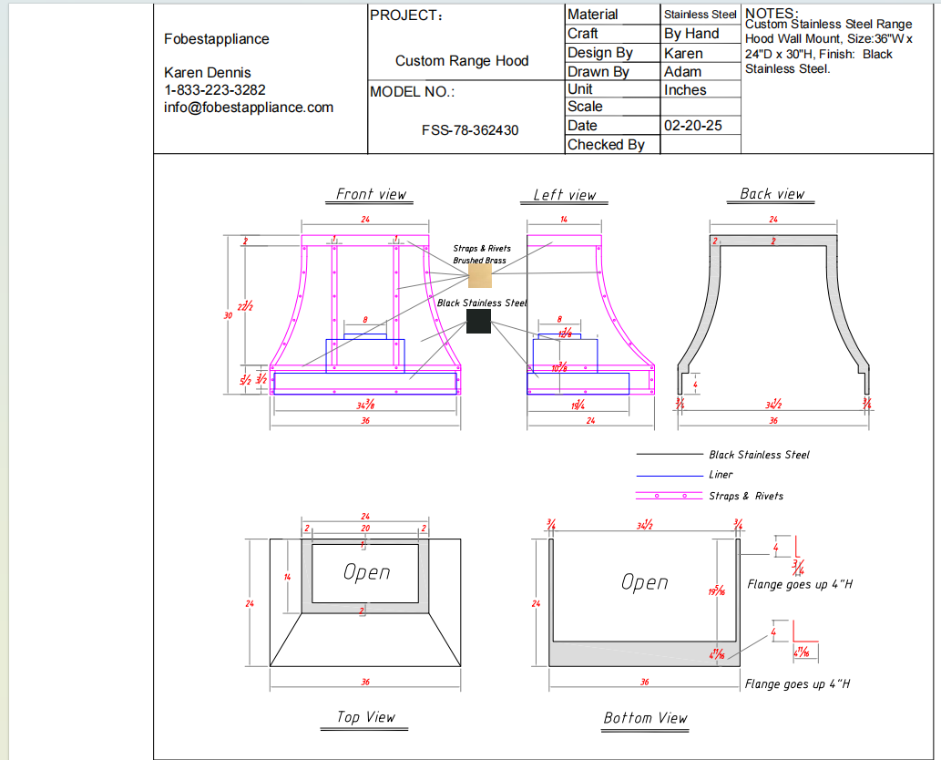 FOBEST Custom Range Hood- FSS-78 Custom Link for Ellen