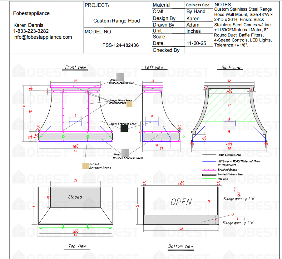 Fobest Custom Metal Range Hood FSS-124 Custom Link for Martha