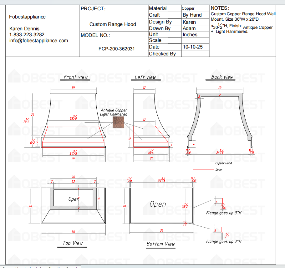 Fobest Custom Metal Range Hood - Custom Link for Claudia