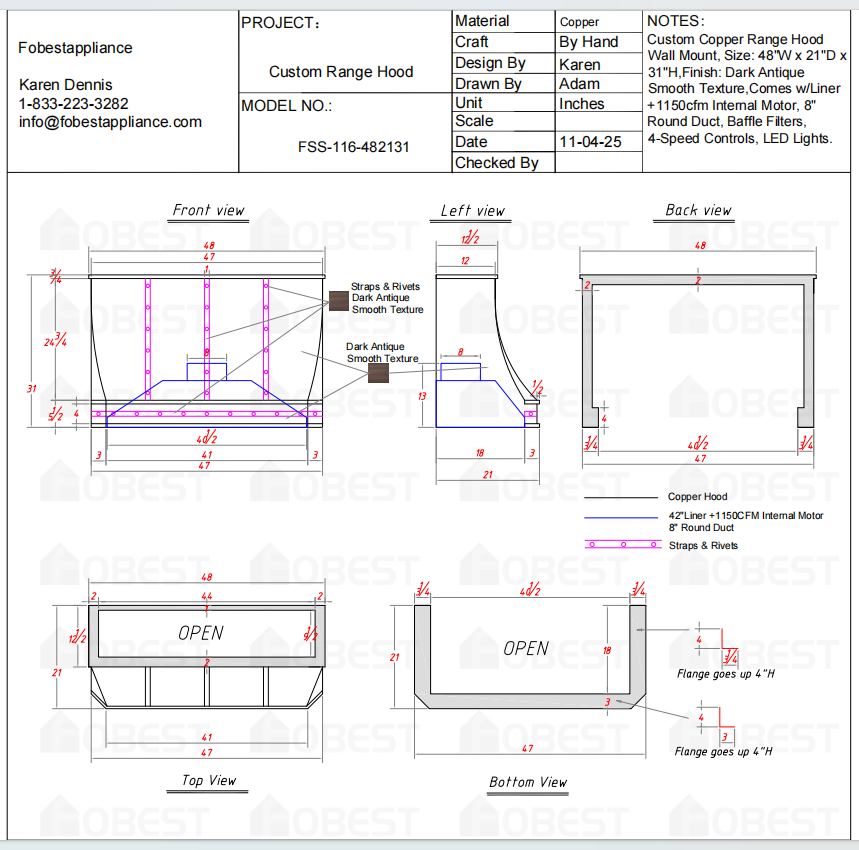 Fobest Custom Metal Range Hood FSS-116-Custom Link for Catherine Biele