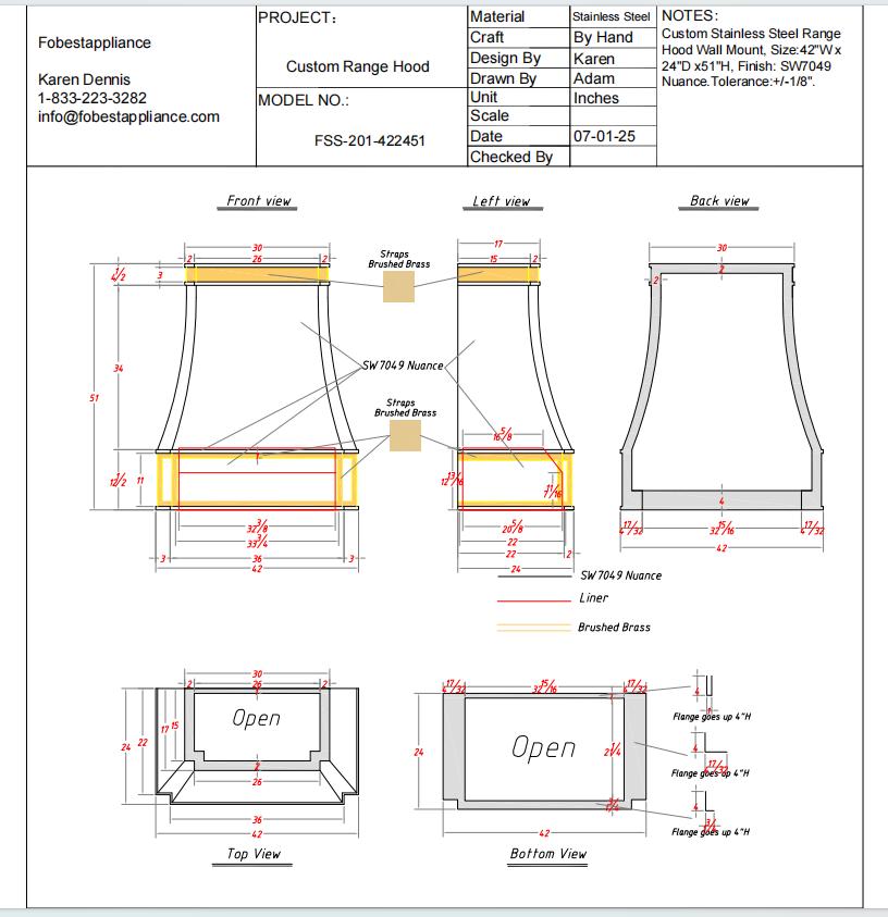 Fobest Custom Range Hood - Custom Link for Leigh