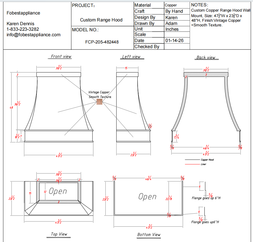 FOBEST Custom Range Hood FCP-205 Custom Link for Kathe Deitzler