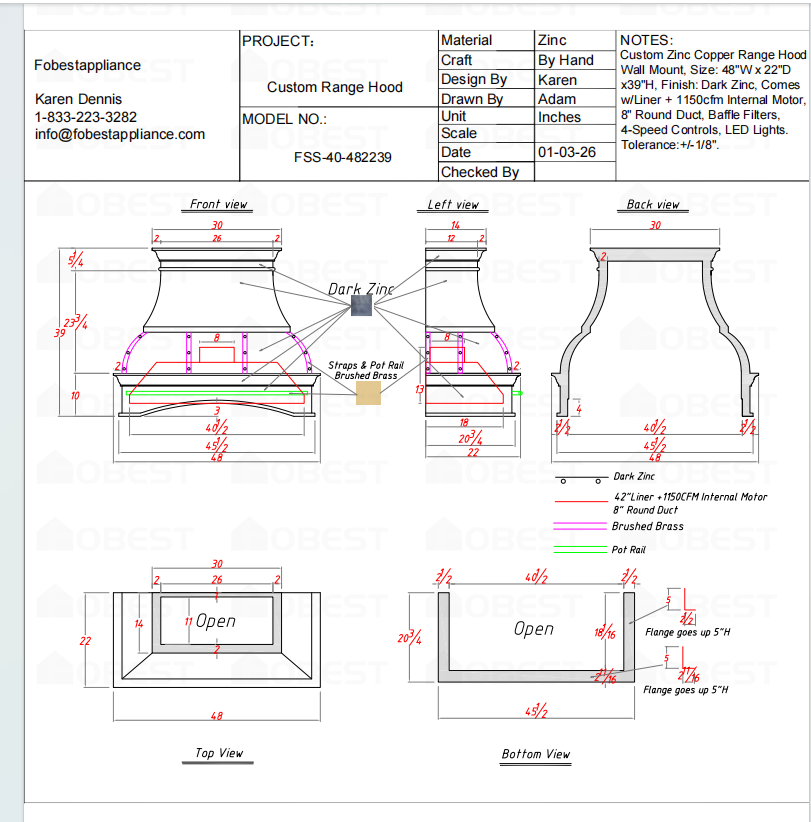 FOBEST Custom Metal Range Hood- FSS-40 Custom Link for Eric