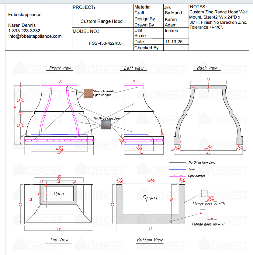 Fobest Custom Metal Range Hood FSS-453 - Custom Link for Kelli