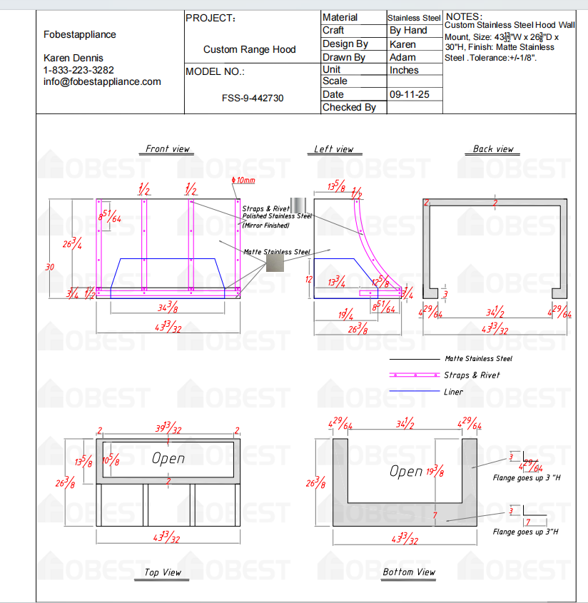 Fobest Custom Kitchen Range Hood - Custom Link for Molly