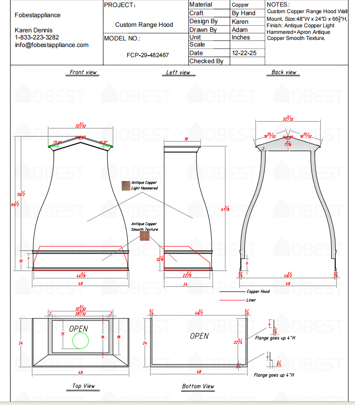 Fobest Custom Range Hood Model FCP-29 — Custom Order Link for Douglas