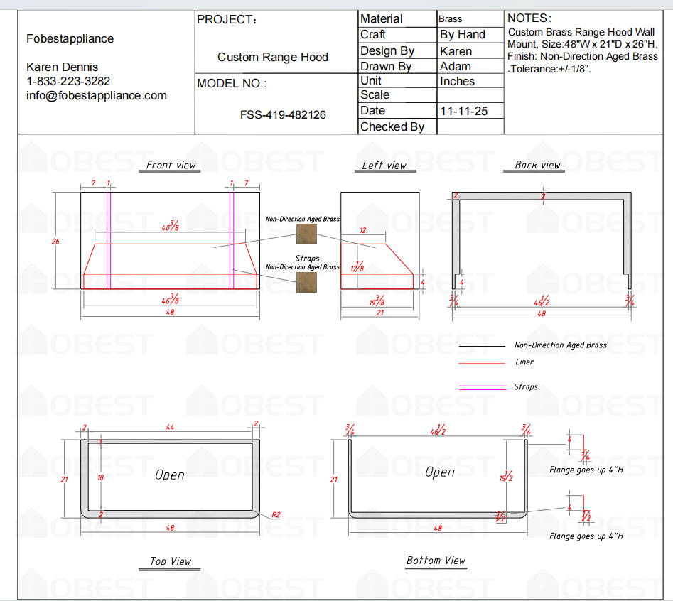 Fobest Custom Metal Range Hood -FSS-419- Custom Link for Nishtha