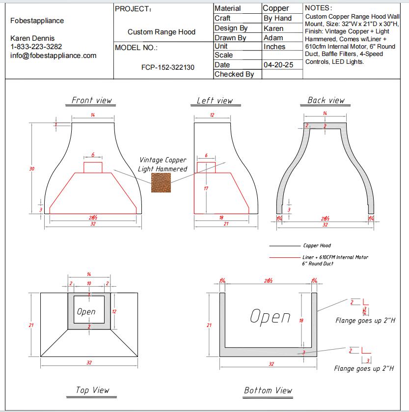 Fobest Custom Range Hood - Custom Link for Debra Ferrier