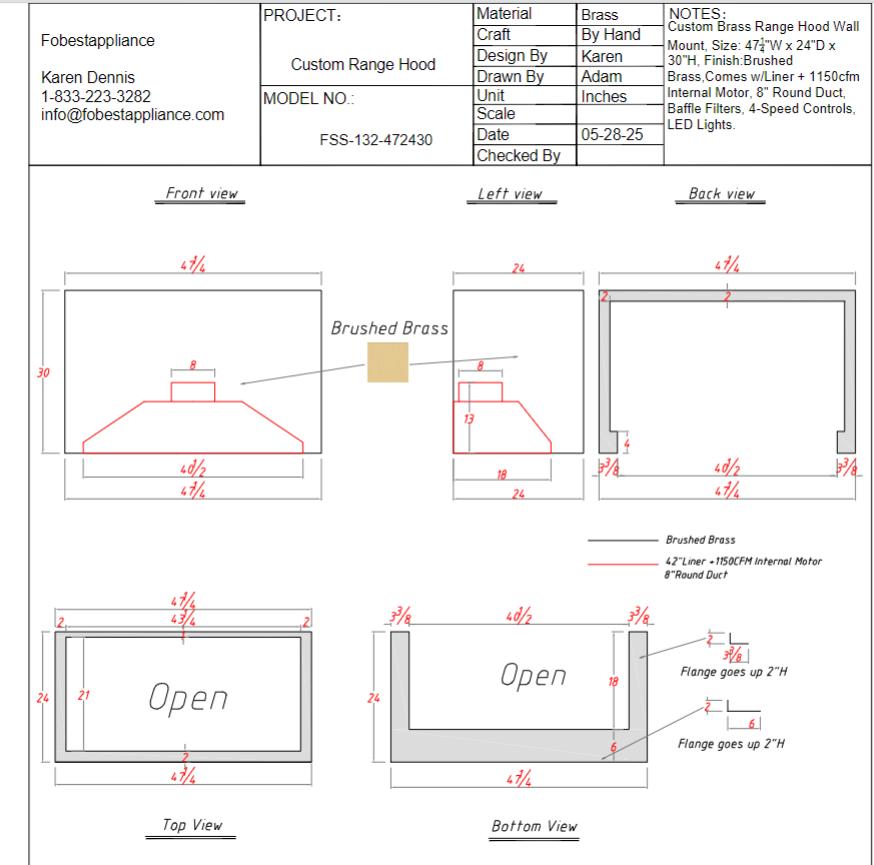 Fobest Custom Range Hood - Custom Link for Ryan