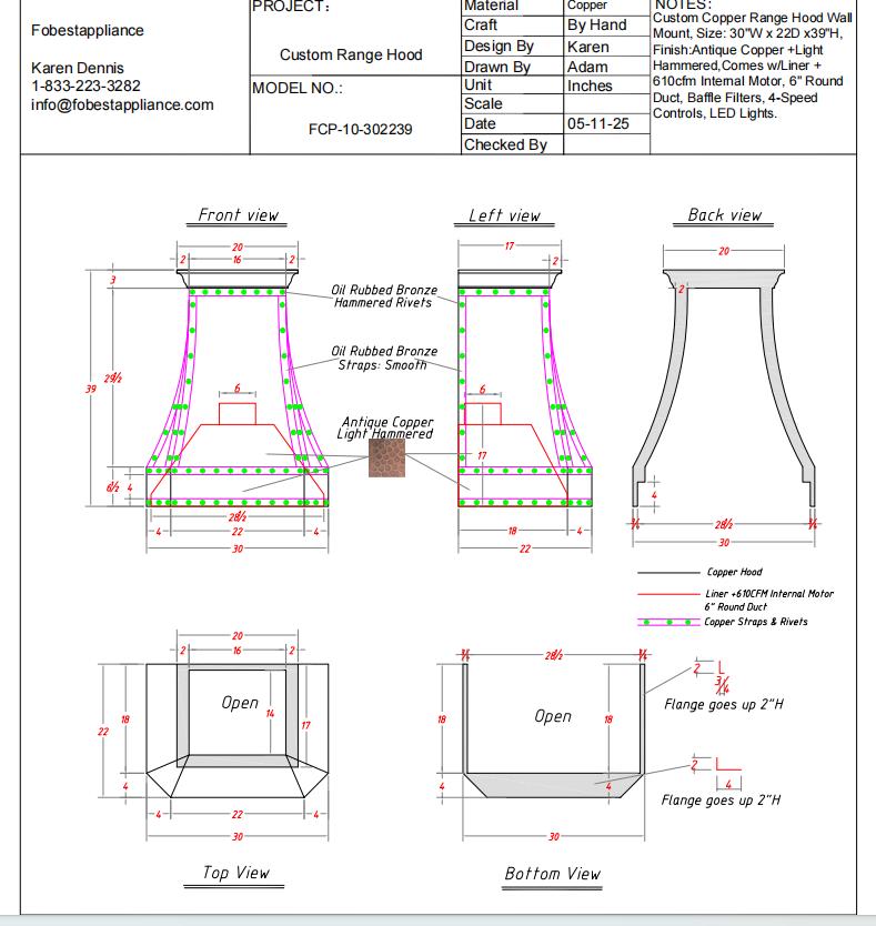 Fobest Custom Range Hood - Custom Link for Nicole Merwin