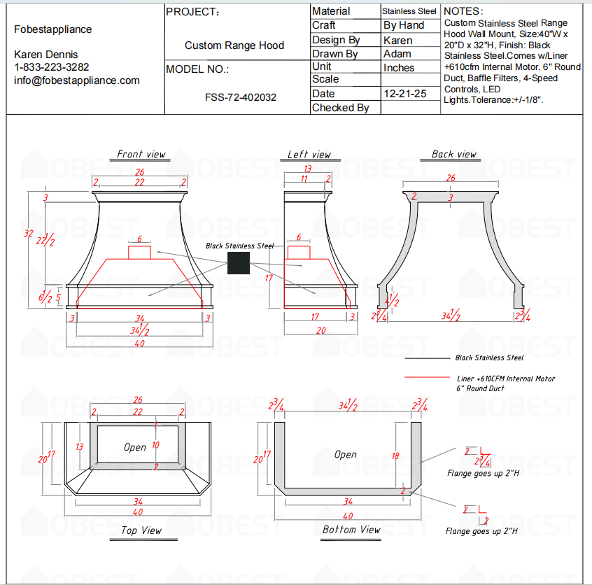 Fobest Custom Metal Range Hood FSS-72 Custom Link for Terri