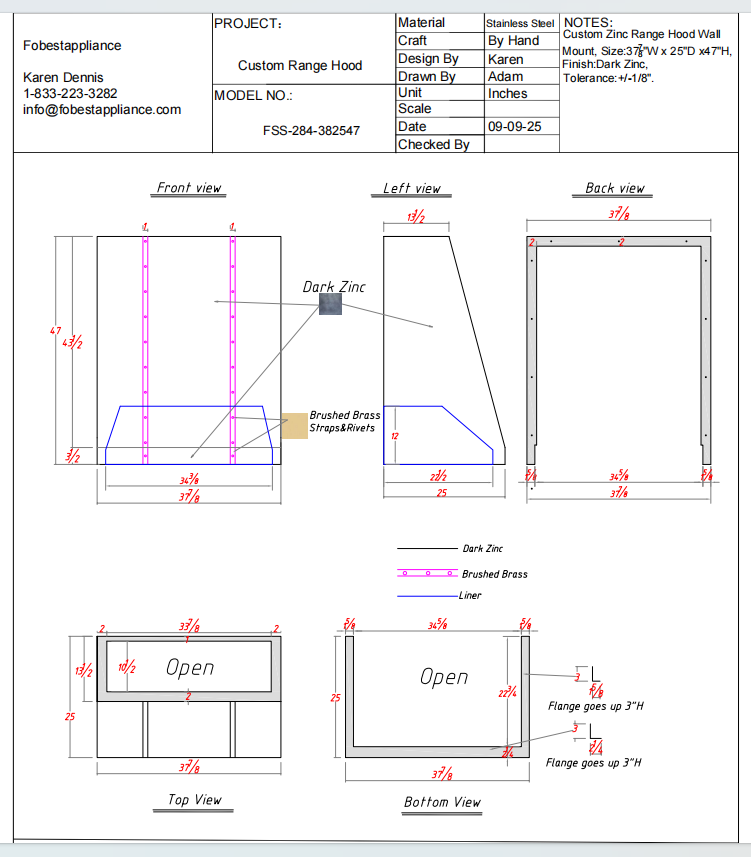 Fobest Custom Metal Range Hood - Custom Link for Dave Snow