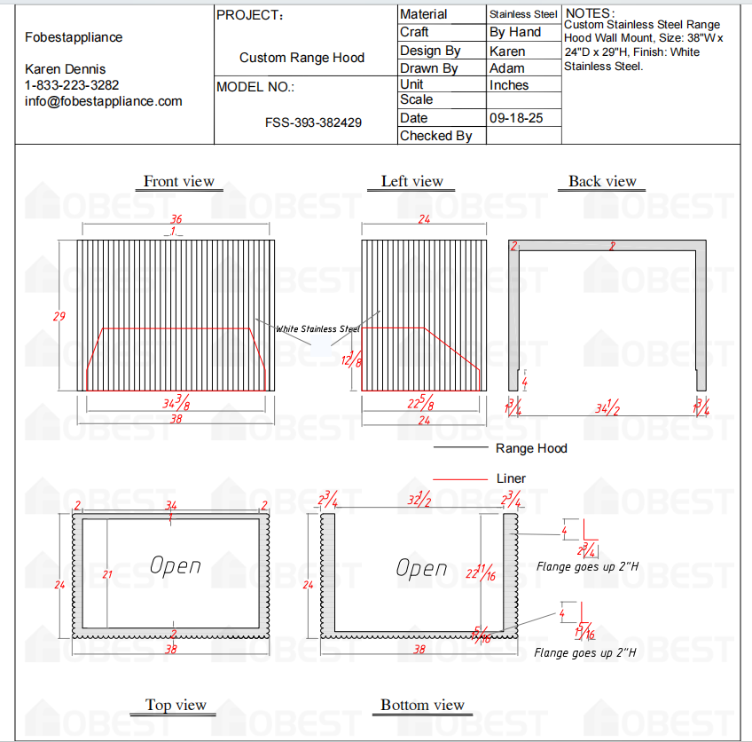 Fobest Custom Metal Range Hood - Custom Link for Michael Maza