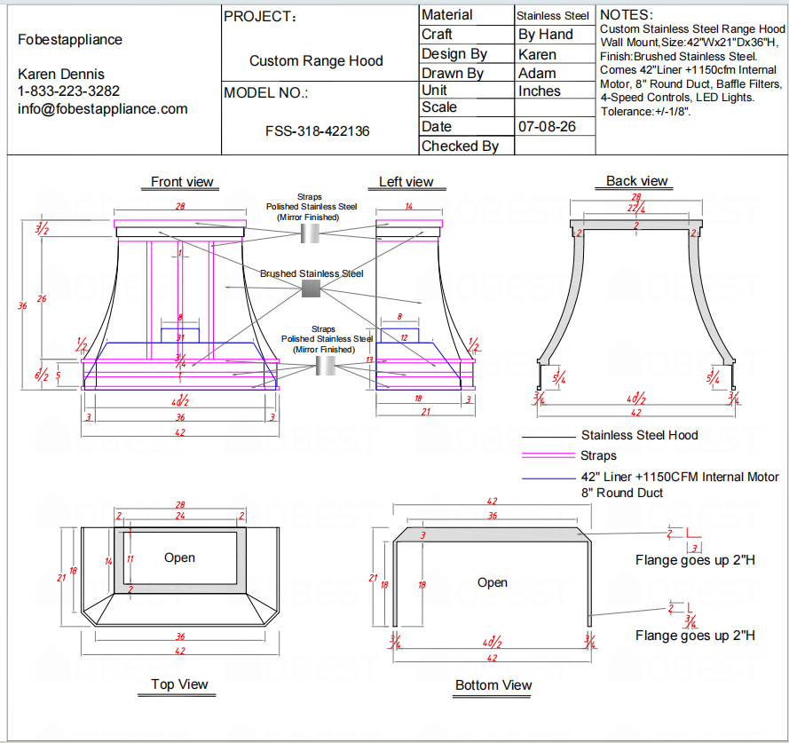 Fobest Custom Range Hood-FSS-318 Stainless Steel Metal Range Hood Custom Link for Liz