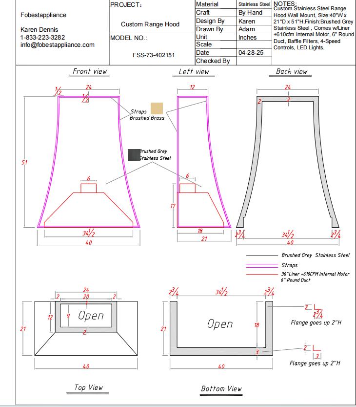 Fobest Custom Range Hood - Custom Link for Paula Porosky