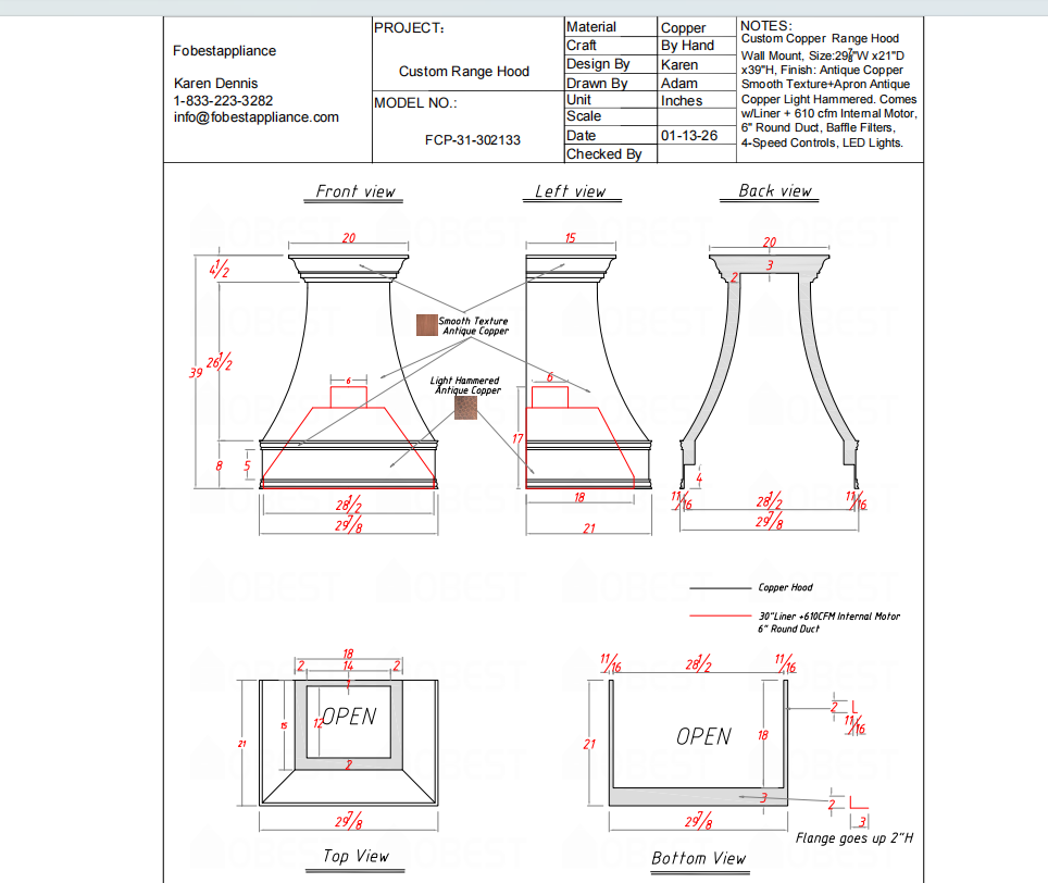 FOBEST Custom Range Hood FCP-31 Custom Link for Carl