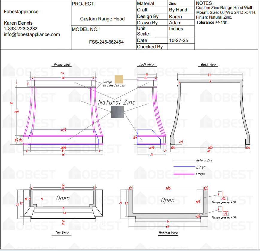 Fobest Custom Metal Range Hood FSS-245 - Custom Link for Cristina
