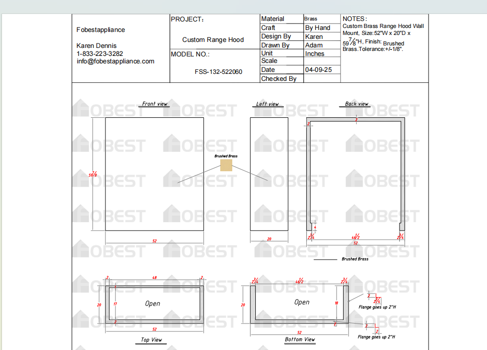 FOBEST Custom Range Hood- FSS-132 Custom Link for Lisa