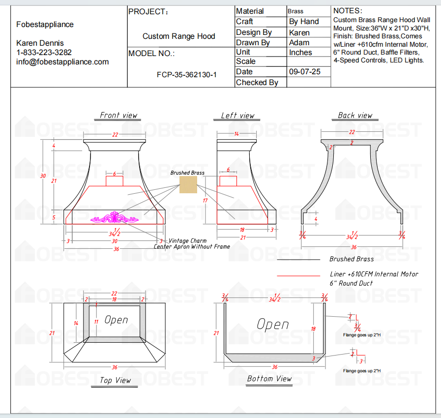 Fobest Custom Metal Range Hood - Custom Link for Julie