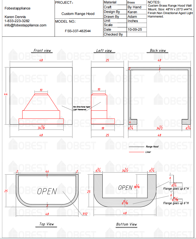 Fobest Custom Kitchen Range Hood - Custom Link for Kathryn
