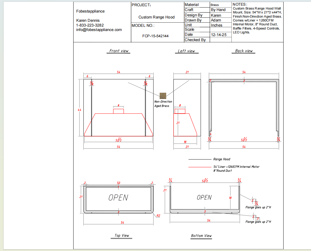 Fobest Custom Metal Range Hood - Custom Link for Adi Gabbai