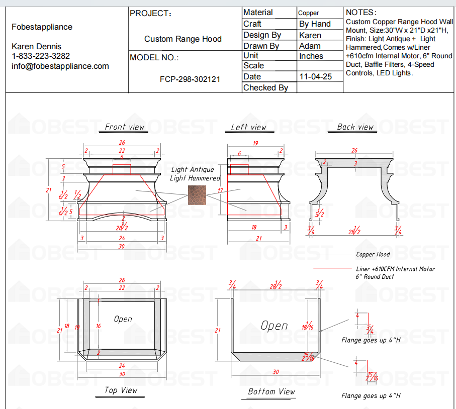 Fobest Custom Metal Range Hood FCP-298-Custom Link for Gayle
