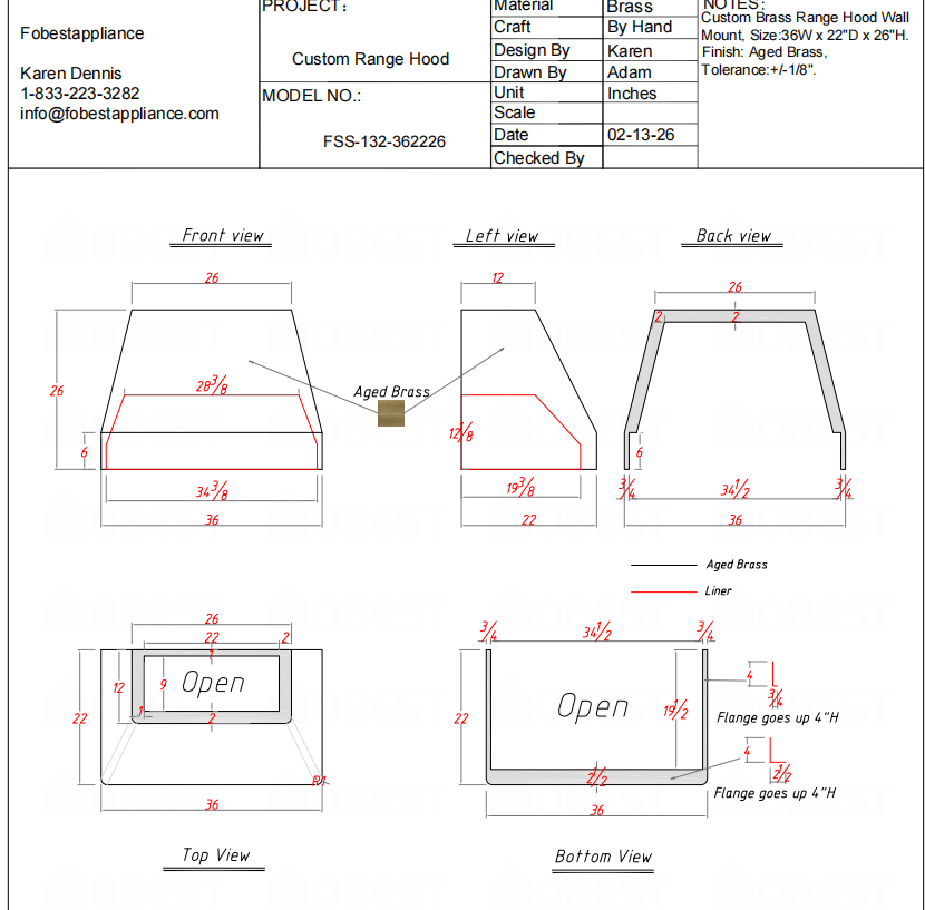 Fobest Custom Range Hood-FSS-132 Custom Link for Molie