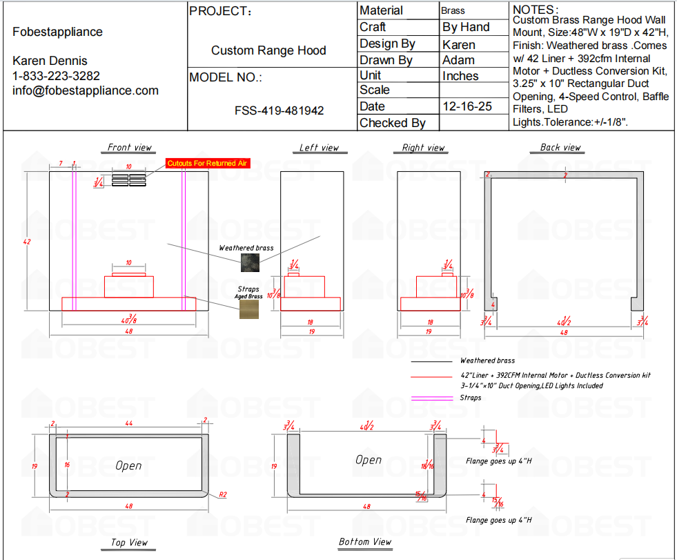 Fobest Custom Metal Range Hood FSS-419 Custom Link for Eric Robison