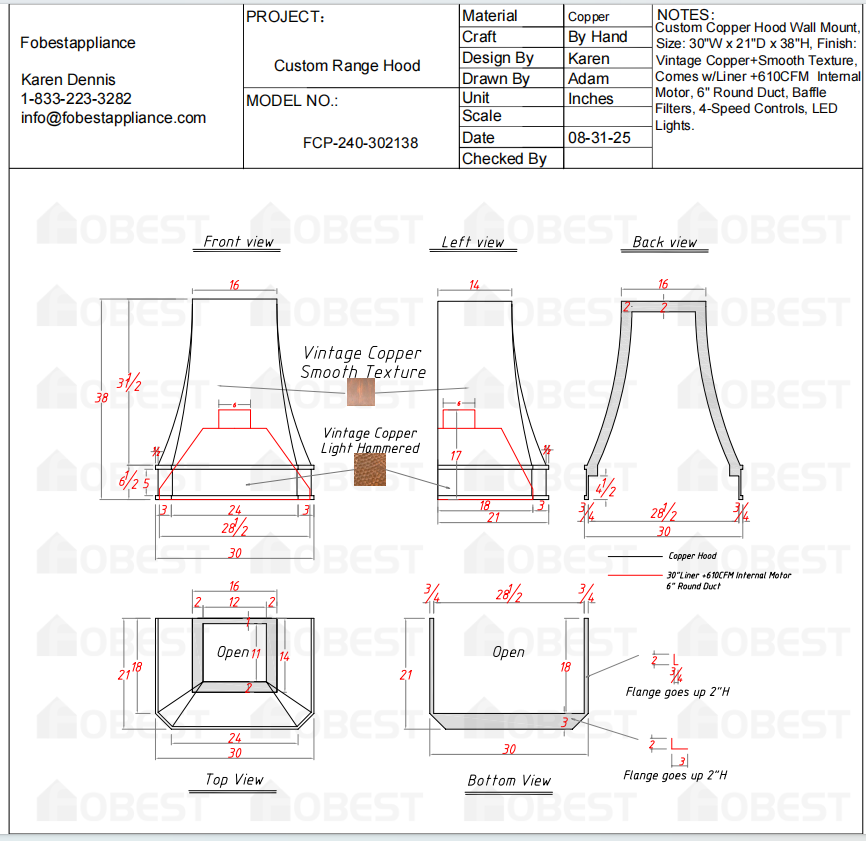 Fobest Custom Kitchen Range Hood - Custom Link for Marie