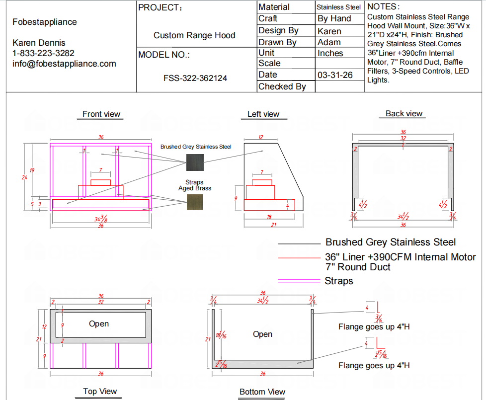 Fobest Custom Range Hood-FSS-332 Custom Link for Dawn