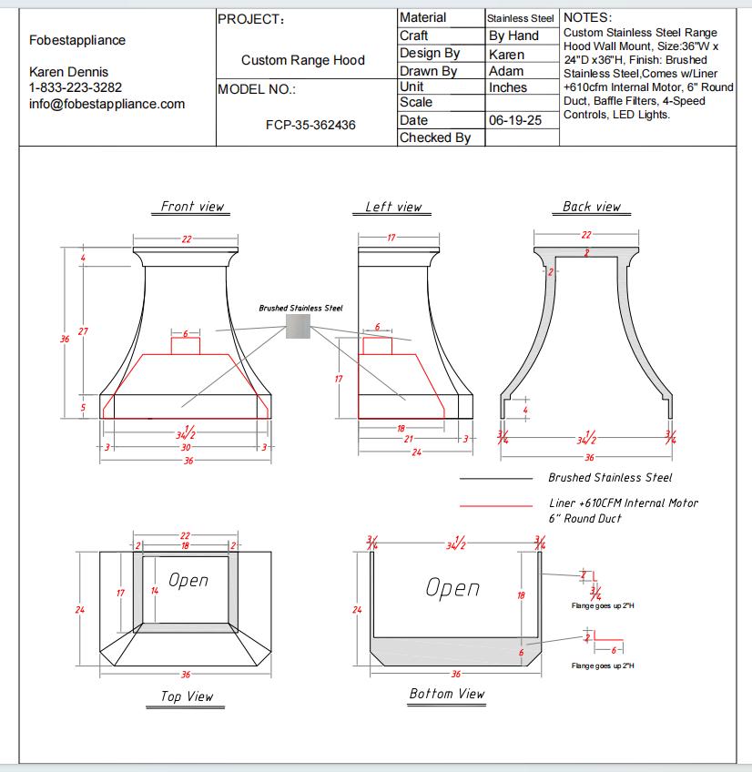 Fobest Custom Range Hood - Custom Link for Adrian