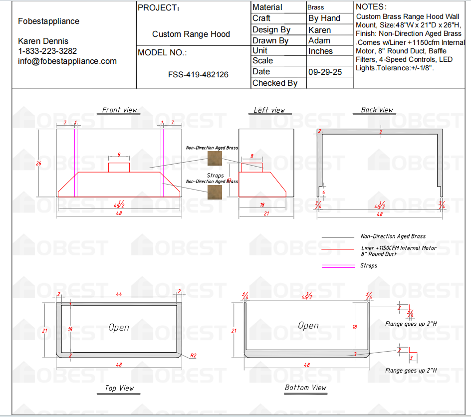 Fobest Custom Metal Range Hood - Custom Link for Nishtha