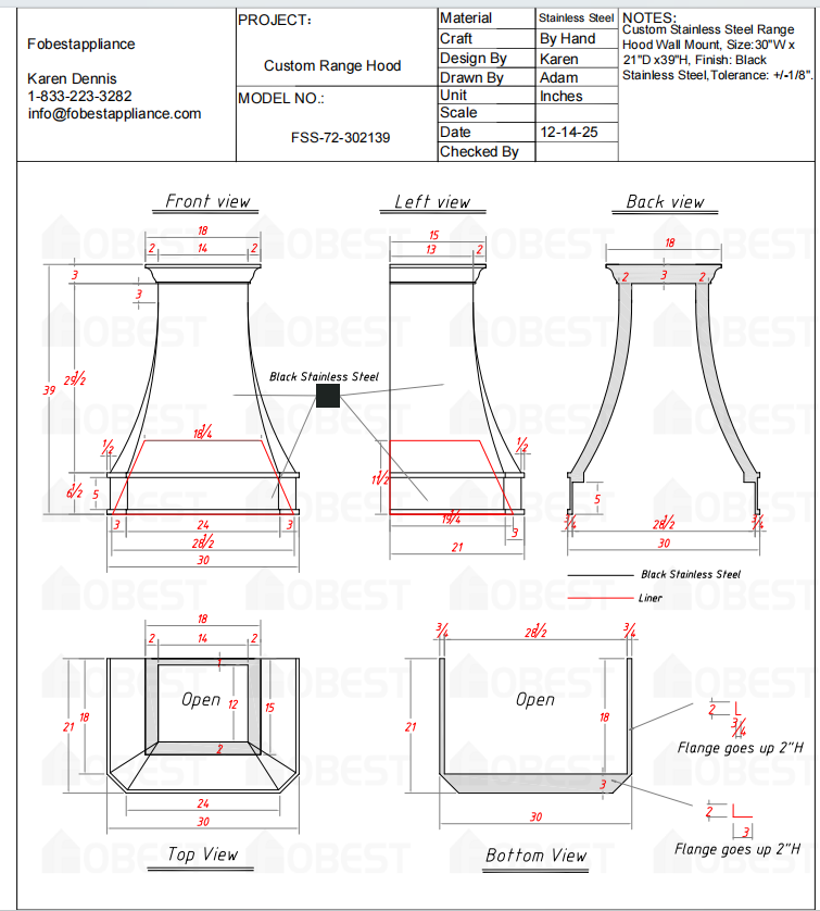Fobest Custom Metal Range Hood FSS-72 Custom Link for Abby