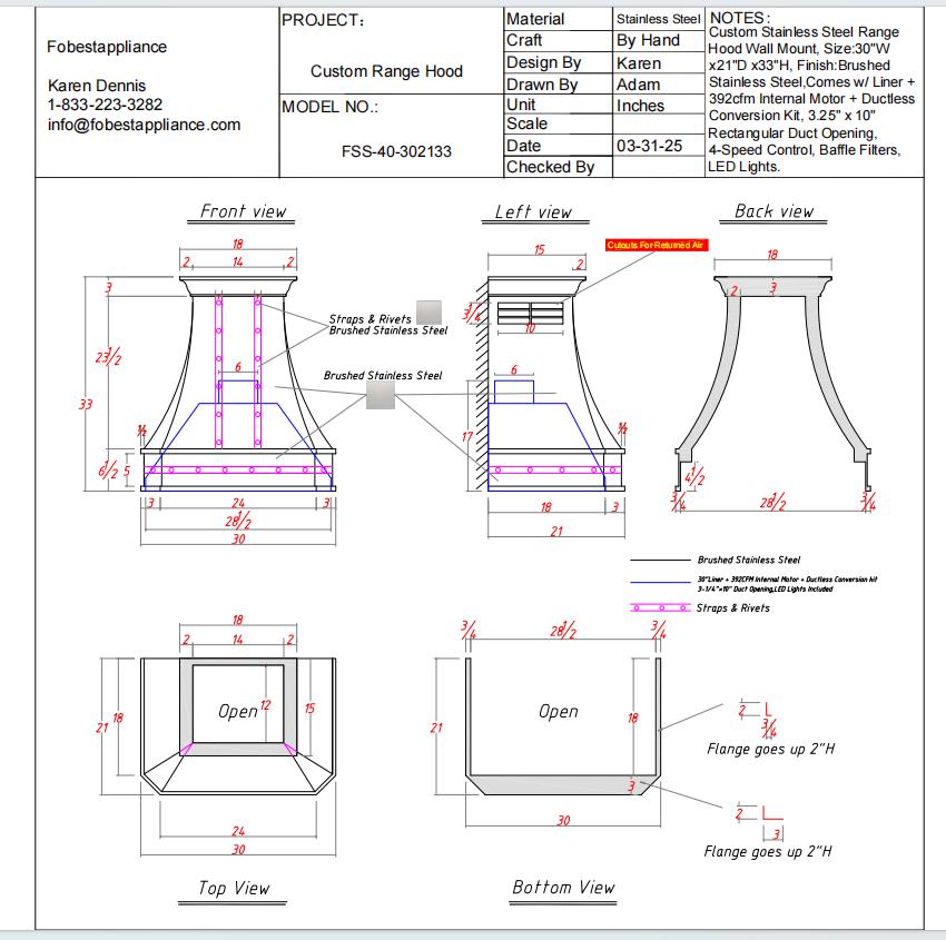 Fobest Custom Stainless Steel Range Hood-For Mark Goehring